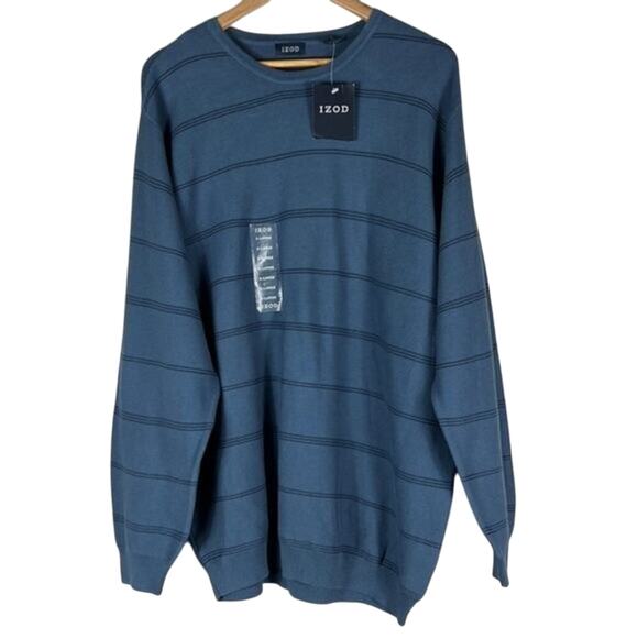 NWT Izod Sweater Mens XL Blue 100% Cotton Striped Crewneck Preppy Minimalist - Picture 1 of 3